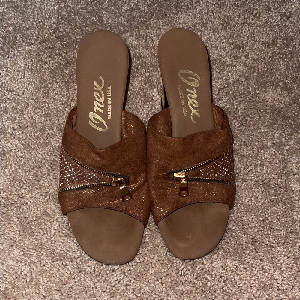 Onex Brown Mules with Gold Accents, size 7